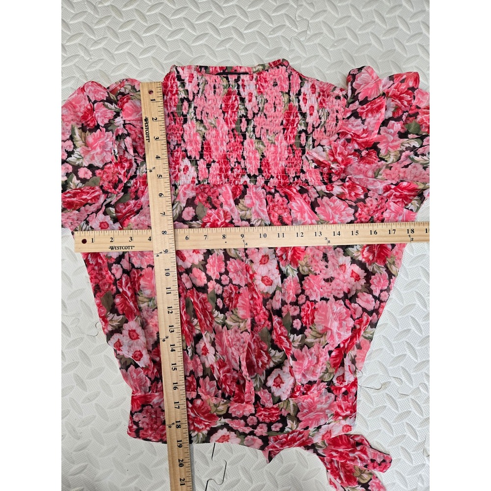 Bardot Remi Floral Blouse Pink Gardenia Smocked Mock Neck Tie Back Top US 6 S - Picture 9 of 11